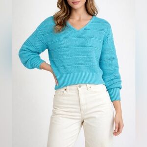 Tommy Bahama Blue Cotton Open Knit V-Neck Bishop Sleeve Pullover Sweater Size S